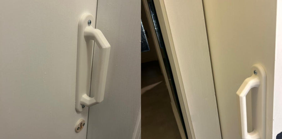 A printed replacement handle fitted on an interior door, seen from two angles