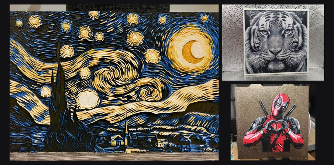 Three finished HueForge prints from our studio: Starry Night, a tiger portrait and a comic character