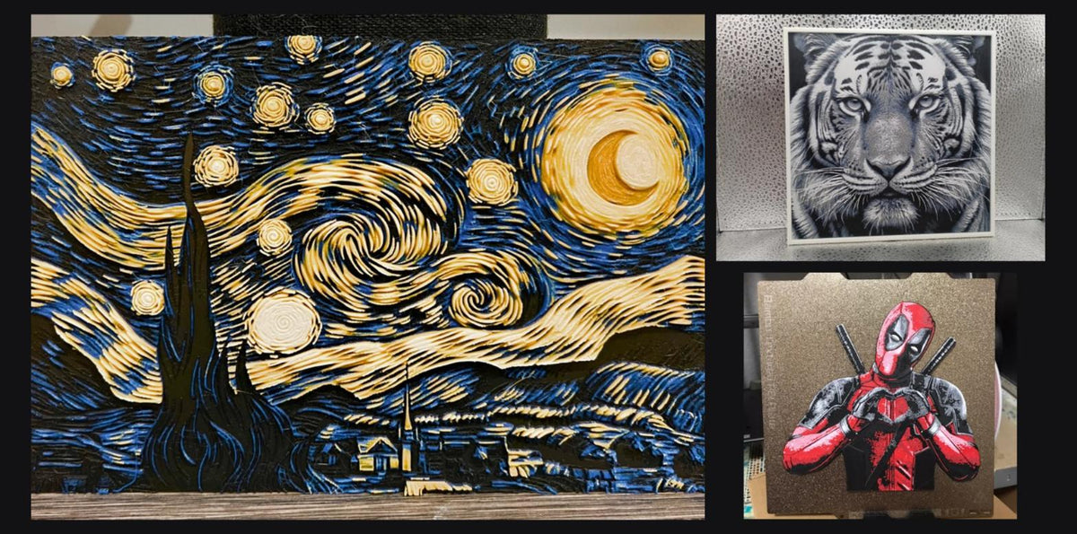 Three finished HueForge prints from our studio: Starry Night, a tiger portrait and a comic character